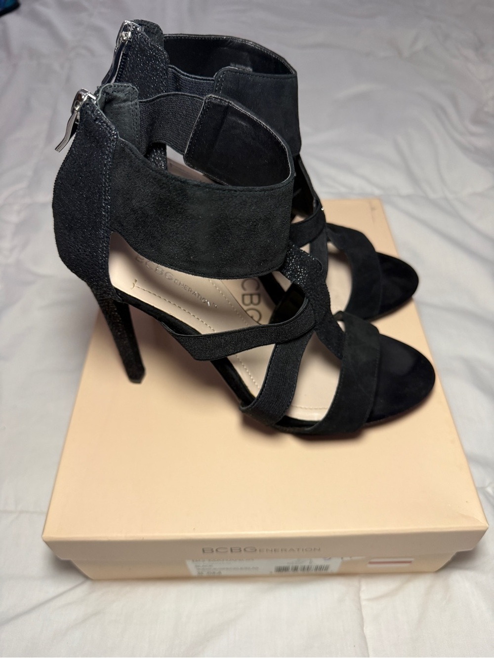 BCBG Black Suede Strappy High Heel Sandals